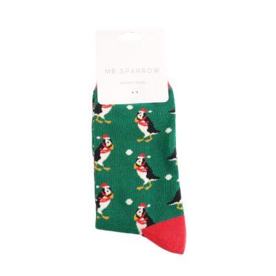 Miss Sparrow Mens Socks Bamboo Xmas Puffins dark green
