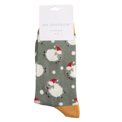 Miss Sparrow Mens Socks Bamboo Santa Sheep olive