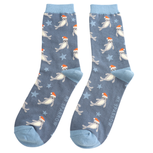Miss Sparrow Mens Socks Bamboo Santa Seals navy