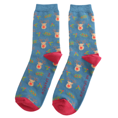 Miss Sparrow Mens Socks Bamboo Reindeer & Holly teal