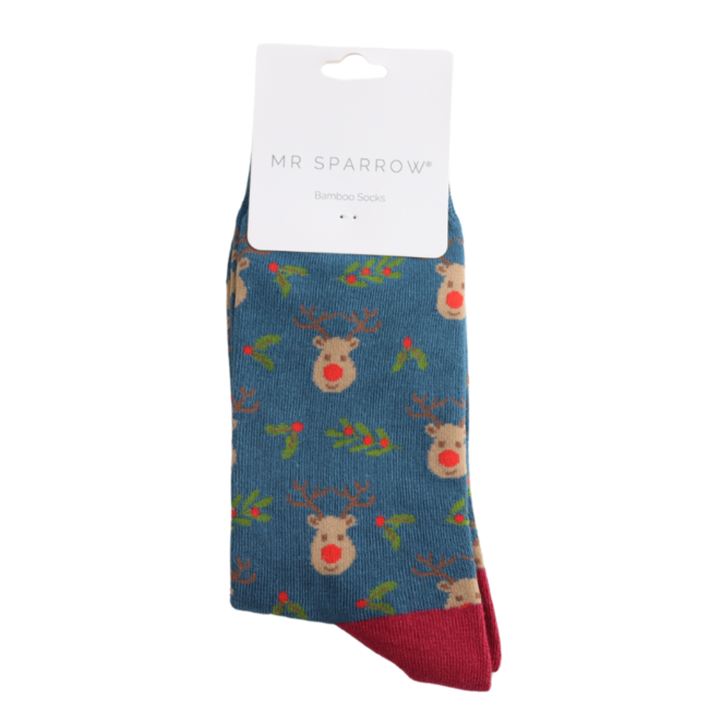 Mens Socks Bamboo Reindeer & Holly teal