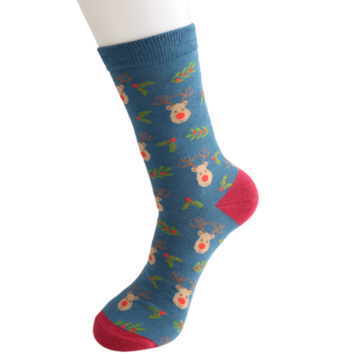 Miss Sparrow Männer-Socken Bamboo Reindeer & Holly teal