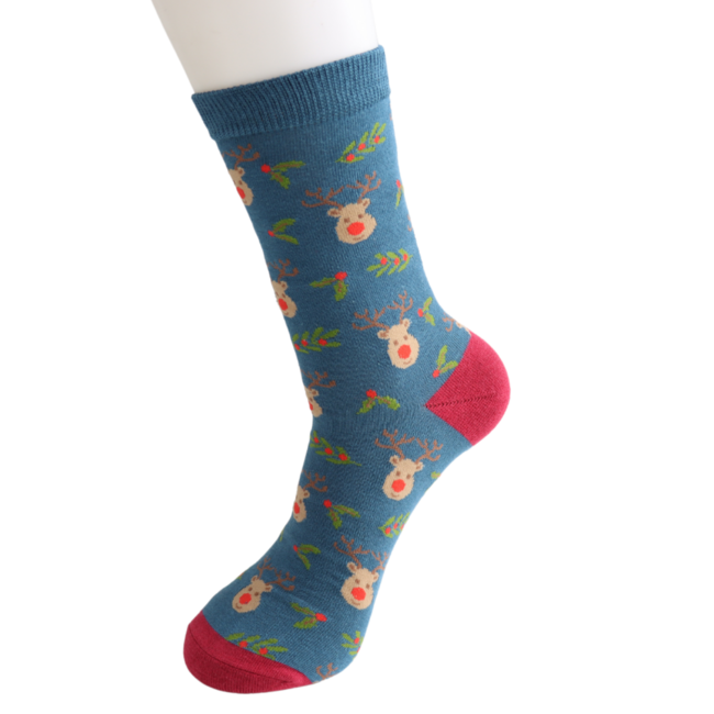 Mens Socks Bamboo Reindeer & Holly teal