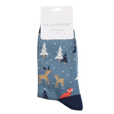 Miss Sparrow Männer-Socken Bamboo Festive Foxes denim