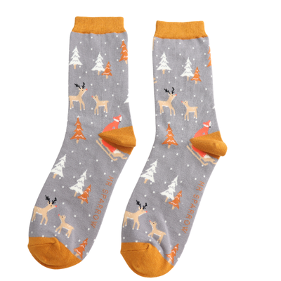 Miss Sparrow Mens Socks Bamboo Festive Foxes grey