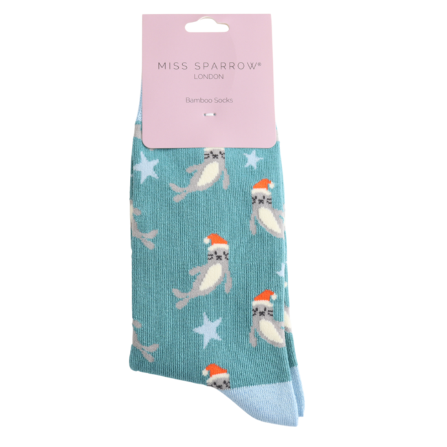 Socks Bamboo Santa Seals blue