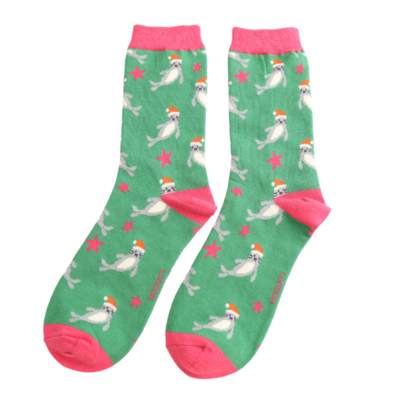 Miss Sparrow Socks Bamboo Santa Seals green