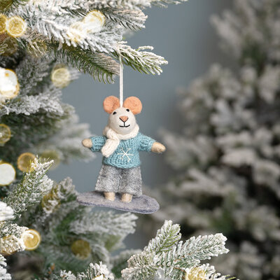 Sjaal met Verhaal Filz Weihnachtshänger Muis Snowboarder