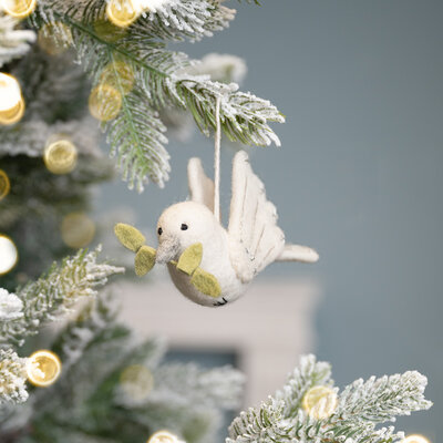 Sjaal met Verhaal Felt Christmas Hanger Vredesduif met Olijftakje zilver