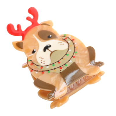 Red Cuckoo Hair Claw Clip Xmas Bull Dog