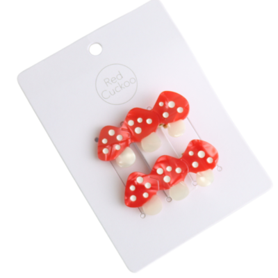 Red Cuckoo Hair Clips Mushrooms Set of 2