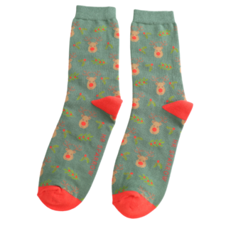 Miss Sparrow Mens Socks Bamboo Reindeer & Holly green