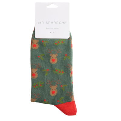 Miss Sparrow Männer-Socken Bamboo Reindeer & Holly green