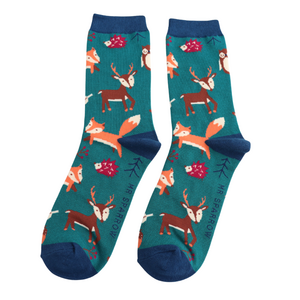 Miss Sparrow Mens Socks Bamboo Woodland Animals teal