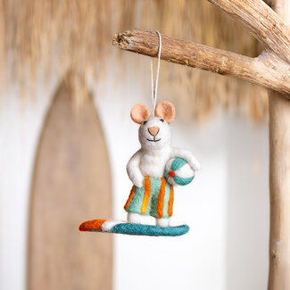 Sjaal met Verhaal Filzhänger Muis Surfboy turquoise