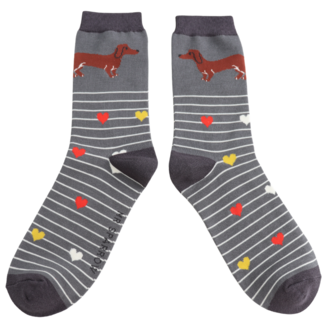 Miss Sparrow Mens Socks Bamboo Sausage Dog & Stripes grey