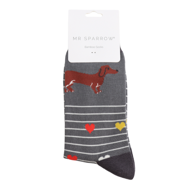 Mens Socks Bamboo Sausage Dog & Stripes grey