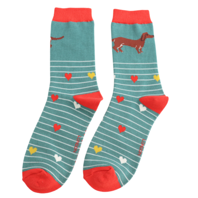 Miss Sparrow Socks Bamboo Sausage Dog & Stripes green