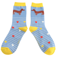 Miss Sparrow Socks Bamboo Sausage Dog & Stripes denim