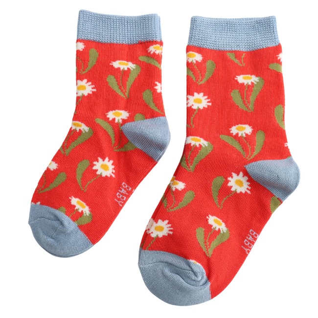 Kids Socks Bamboo Daisies red 4-6Y