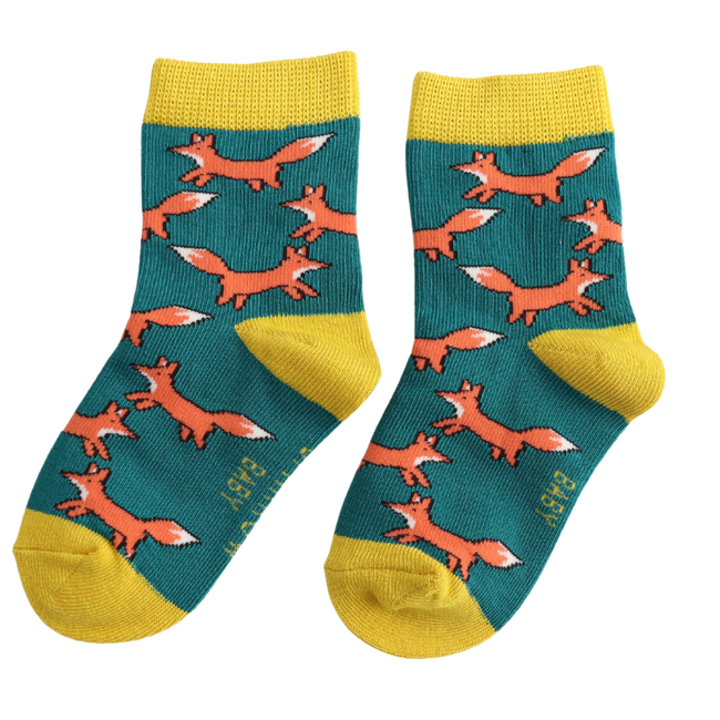 Kids Socks Bamboo Foxes teal 2-3Y