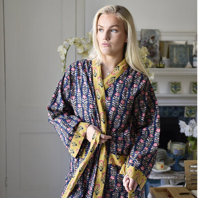 Powell Craft Dressing gown Lily navy & pink