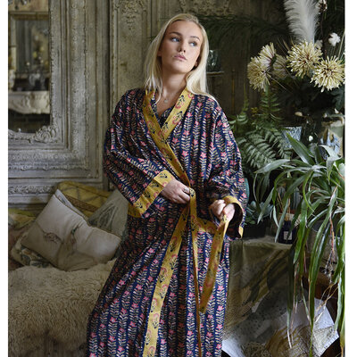 Powell Craft Dressing gown Lily navy & pink