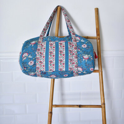 Powell Craft Canvas Duffle Bag Floral inky blue & pink