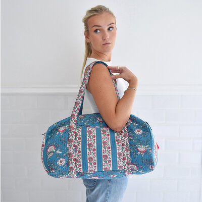 Powell Craft Canvas Duffle Bag Floral inky blue & pink