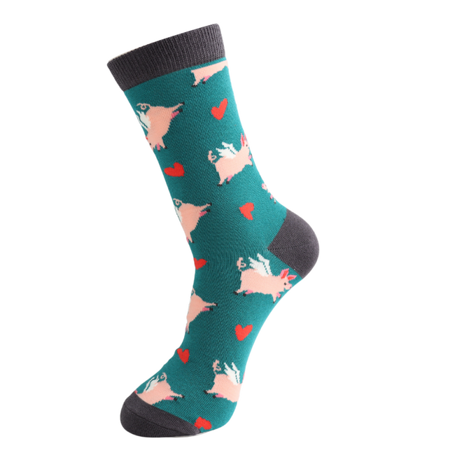 Mens Socks Bamboo Pigs & Hearts teal