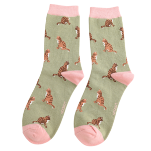 Miss Sparrow Socks Bamboo Tabby Cats olive
