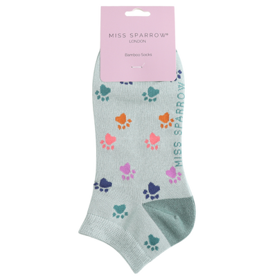 Miss Sparrow Trainer Socks Bamboo Multi Paw Prints duck egg