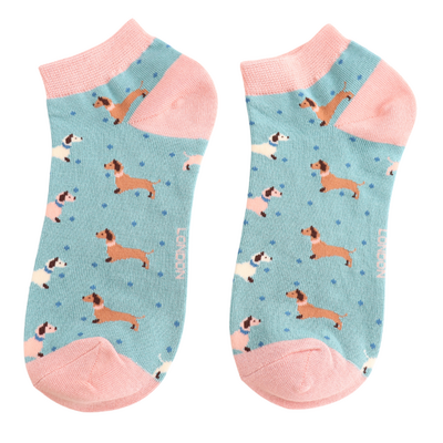 Miss Sparrow Trainer Socks Bamboo Sausage dog & Spots duck egg