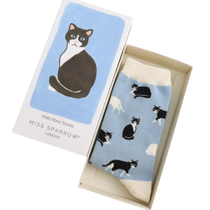 Miss Sparrow Women’s Matchbox Socks Black & White Cat