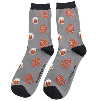 Miss Sparrow Mens Socks Bamboo Pretzels & Beer grey