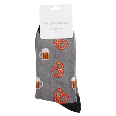 Miss Sparrow Mens Socks Bamboo Pretzels & Beer grey
