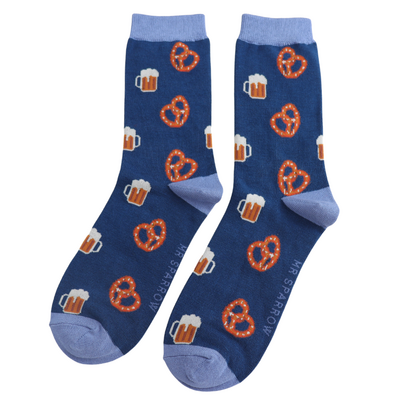 Miss Sparrow Mens Socks Bamboo Pretzels & Beer navy