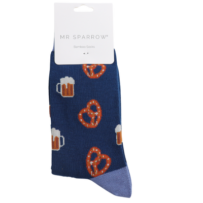 Miss Sparrow Mens Socks Bamboo Pretzels & Beer navy