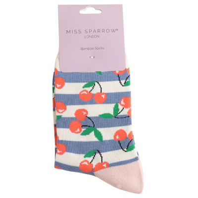 Miss Sparrow Socks Bamboo Cherries & Stripes denim