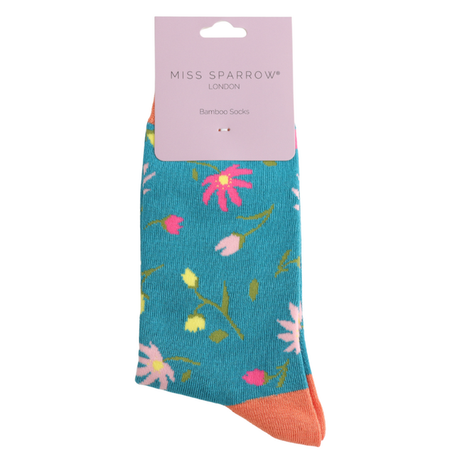 Socks Bamboo Pretty Flowers teal