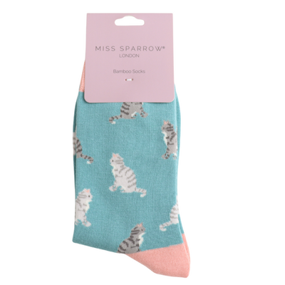 Miss Sparrow Socks Bamboo Tabby Cats duck egg