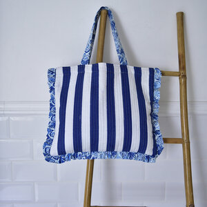 Powell Craft Tote Bag Quilted Ruffles blue/white stripes