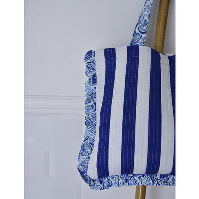 Powell Craft Tote Bag Quilted Ruffles blue/white stripes