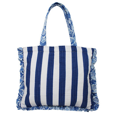 Powell Craft Tote Bag Quilted Ruffles blue/white stripes