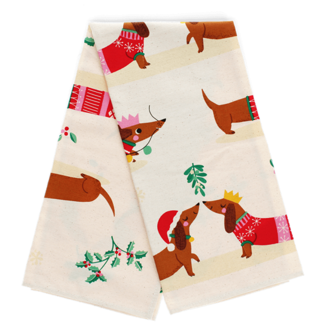 Tea towel Festive Sausage Dog