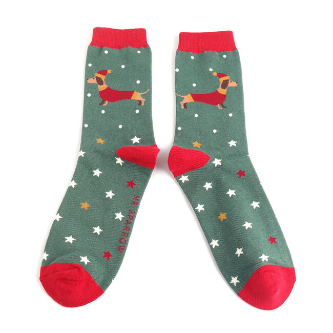 Männer-Socken Bamboo Festive Sausage Dogs dark green