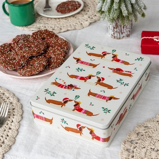 Cake tin square Festive Sausage Dog