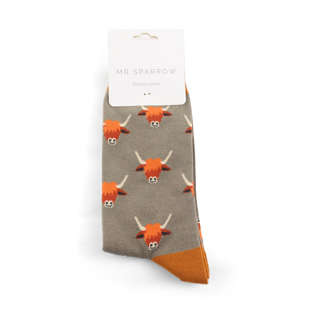 Mens Socks Bamboo Highland Cows navy khaki