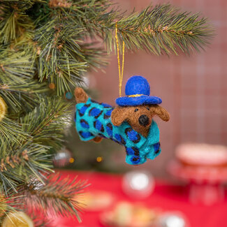 Sjaal met Verhaal Felt Christmas Hanger Teckel Panter turquoise