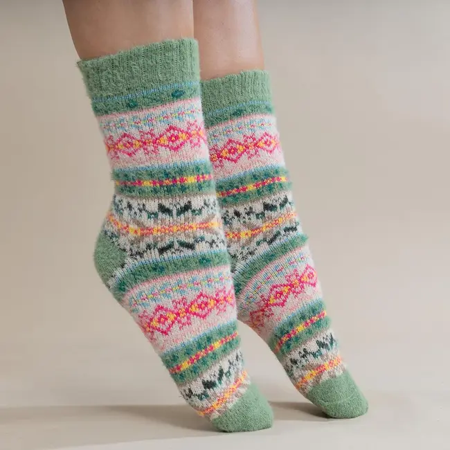 Socken Wollmix Patterned green, fawn & pink